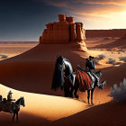 Steam locomotive and vehicles in sandy desert with sandstone formations