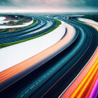 Vibrant light trails on curved multilane highway at dusk