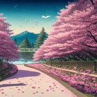 Tranquil Path with Pink Cherry Blossoms by Serene Lake