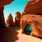 Vibrant red sandstone formations in serene desert landscape