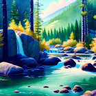 Tranquil river in forest with sunlight, rocks in water