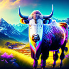 White yak with blue horns in fantasy landscape with waterfall & mountains