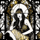 Illustration of woman in 1920s dress by ornate window