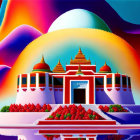 Vivid artwork of fantastical temple under psychedelic sky