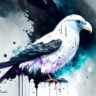 Eagle digital artwork with white and grey feathers on black and blue watercolor background