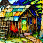 Colorful stained-glass style cottage illustration with tiled roof and lush greenery.