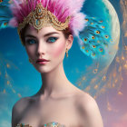 Digital artwork: Woman with floral crown, golden jewelry, cosmic background