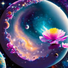 Colorful digital artwork: surreal cosmic scene with blooming flower and celestial bodies