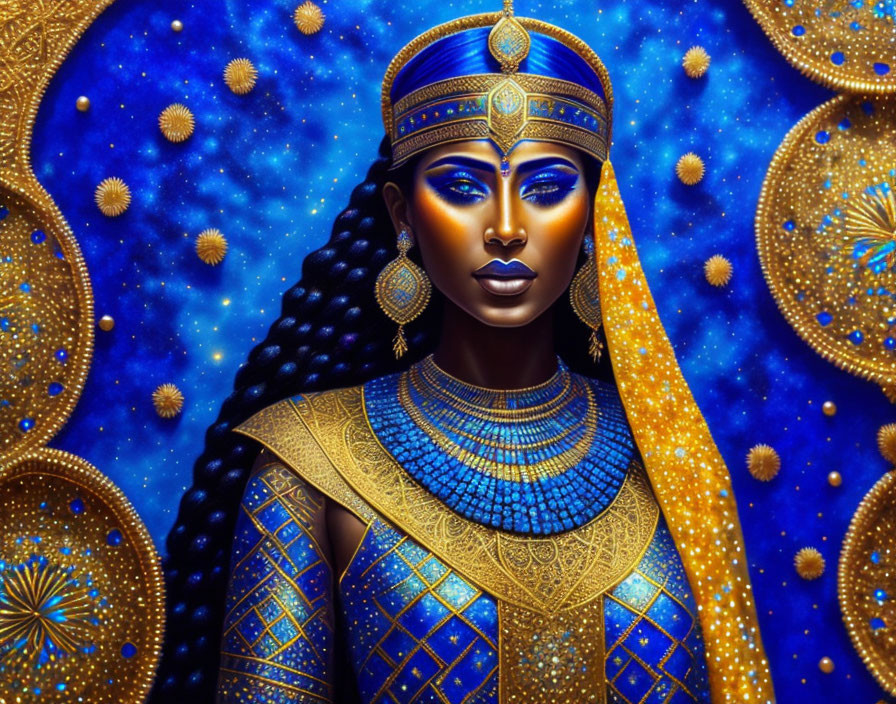 Regal woman with Egyptian headdress and golden jewelry in cosmic setting