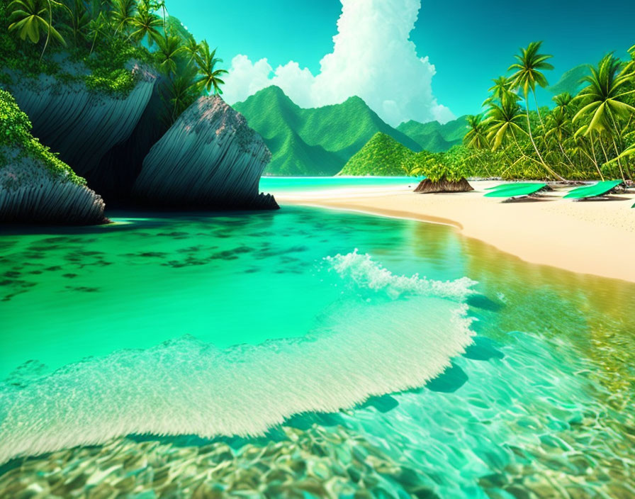 Scenic tropical beach with turquoise water, white sand, palm trees, and mountains.