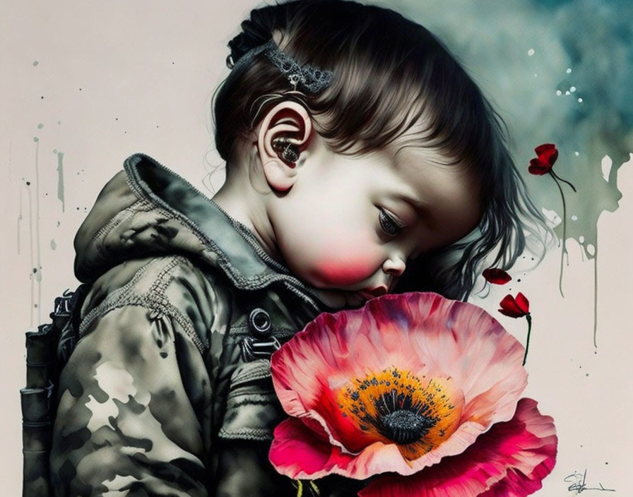 Serious child gazes at red poppy in artistic painting