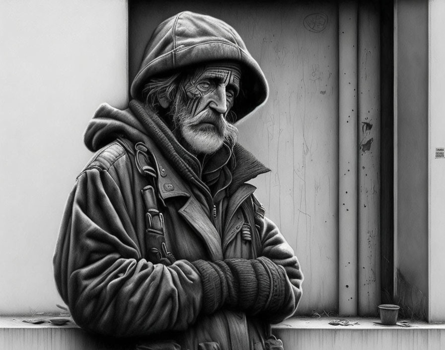 Elderly man with stern expression in hooded coat and backpack against wall