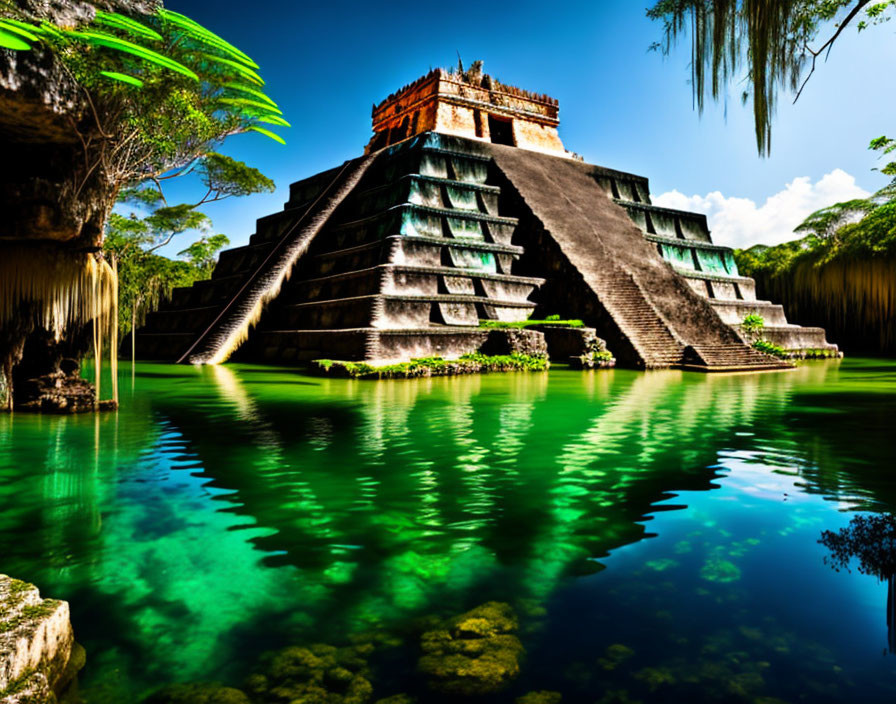 Ancient step pyramid near vibrant green lake amid lush foliage