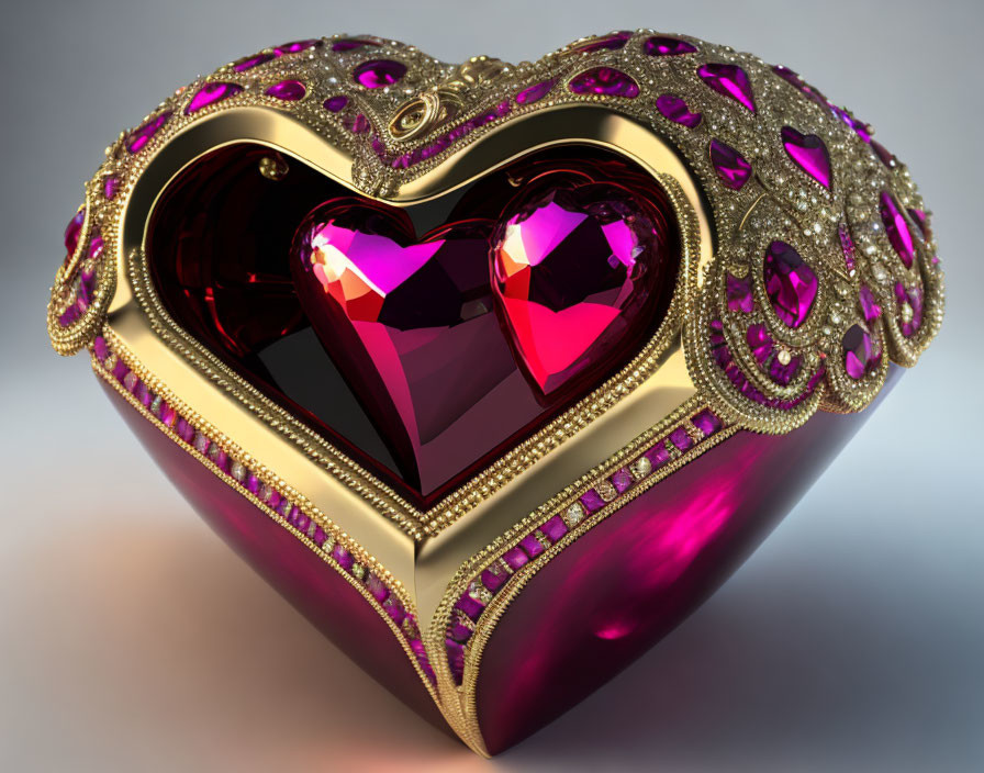 Ornate heart-shaped box with gold trim and pink jewels