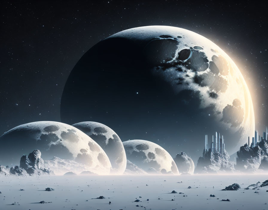 Futuristic sci-fi landscape with multiple moons, barren surface, and starry sky