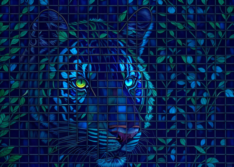 Tiger Face Mosaic Illustration in Vibrant Blue and Yellow with Leaf Pattern Backdrop