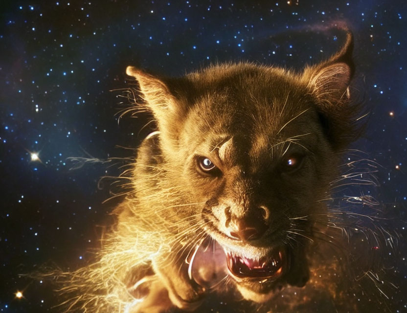 Close-up of angry cat with glowing eyes in cosmic setting