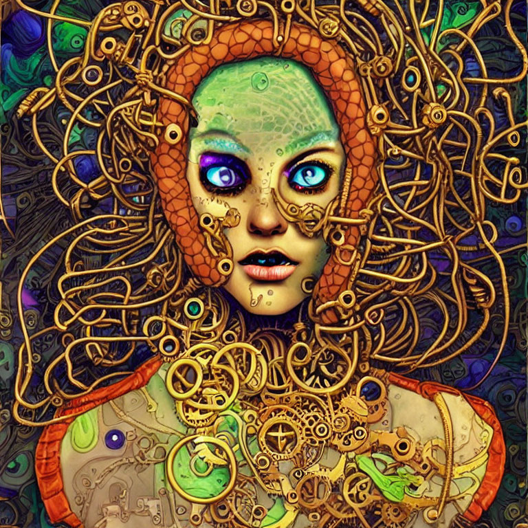 Digital artwork featuring woman with green skin, golden mechanical details, and purple-blue eyes