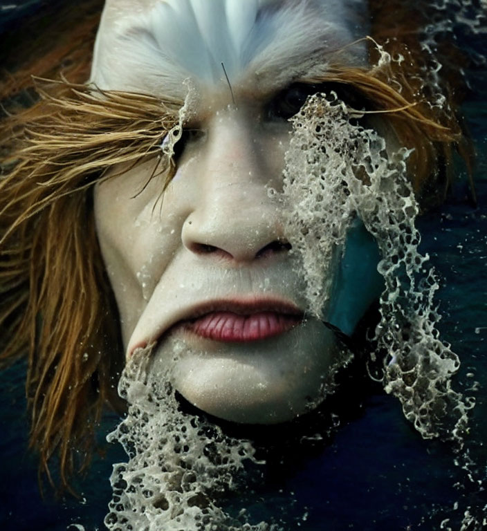 Red-haired person submerged in water with bubbles and splash.