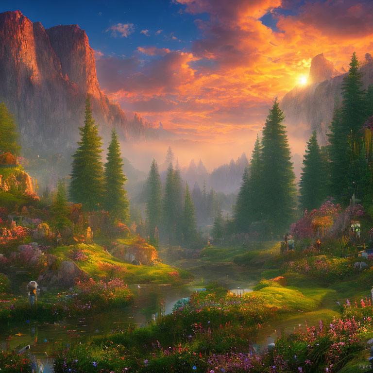 Tranquil Valley with River, Pine Trees, Flowers, and Sunset Sky