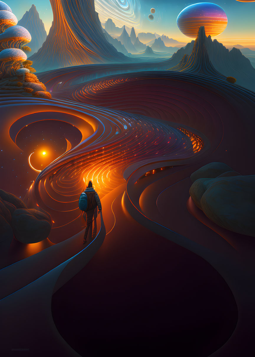 Traveler on winding path in surreal alien landscape with mountains, ringed planet, and lava rivers