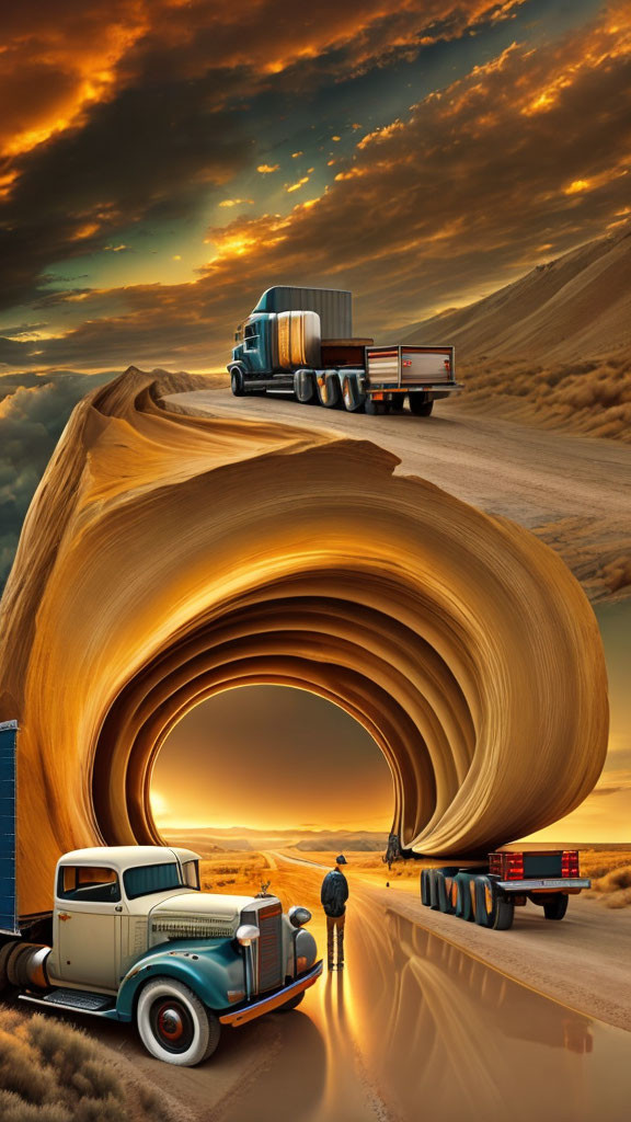 Person standing between old-fashioned car and modern truck on wavy road under dramatic sky