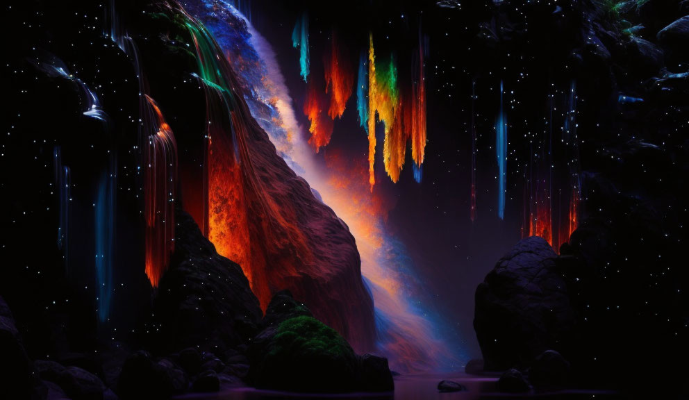 Vibrant celestial waterfalls in cosmic landscape