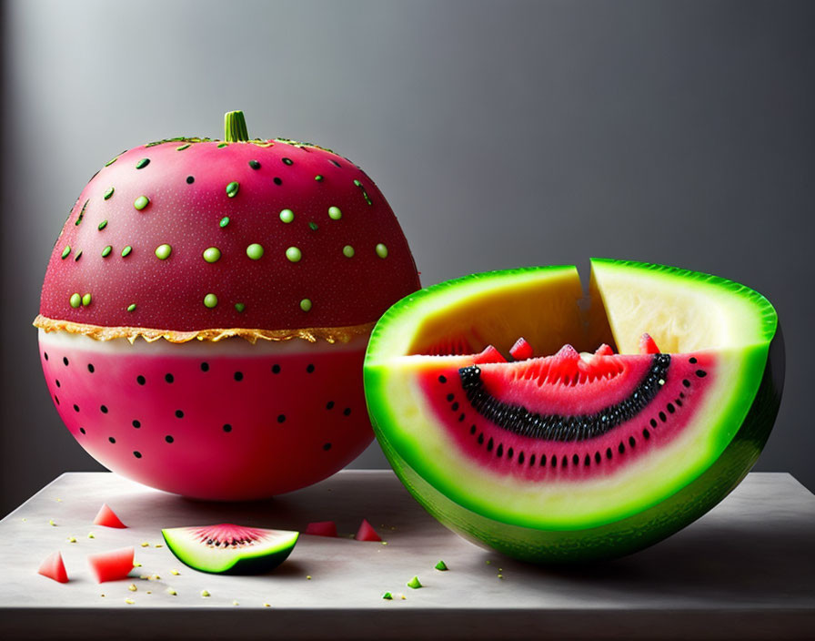 Digitally-altered image: Watermelon with strawberry-like exterior and classic interior