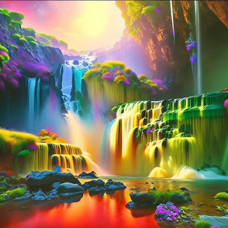 Colorful fantasy landscape with waterfalls, vibrant foliage, and glowing sun