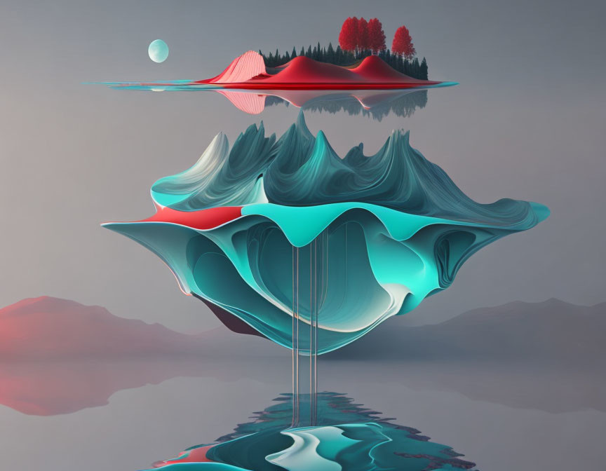 Surreal landscape with mirrored floating islands and stylized trees