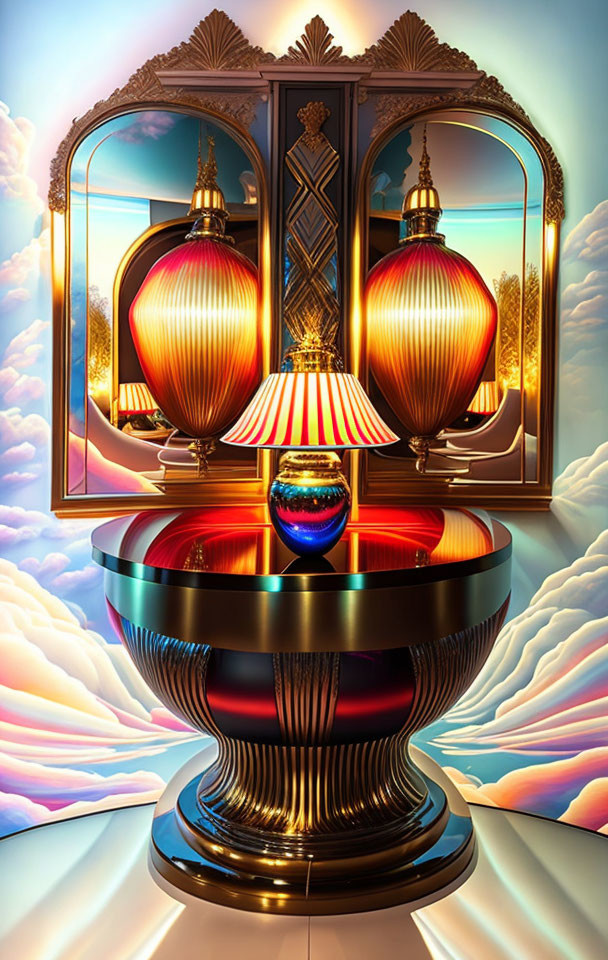 Surreal room with ornate windows, reflective spheres, and sky gradient view