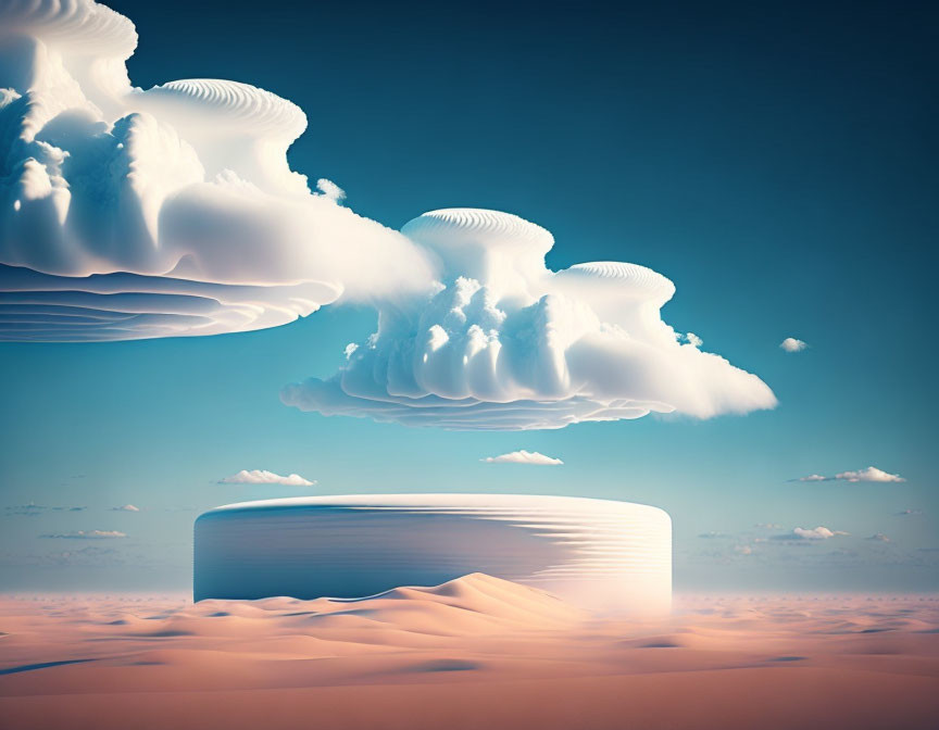 Surreal Landscape with Cloud-Like Formations and Cylindrical Structure