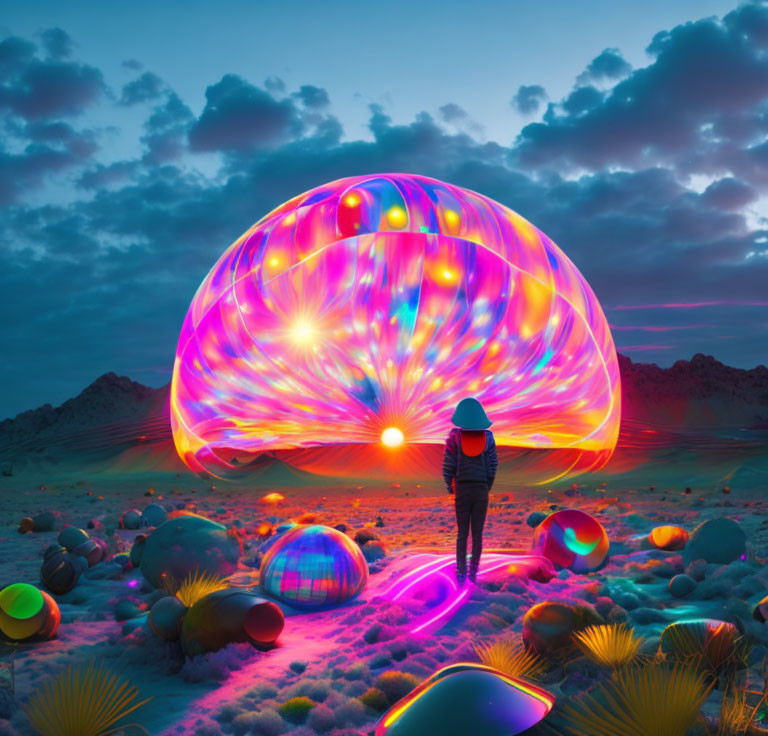 Colorful Light Dome and Glowing Spheres at Twilight Sky