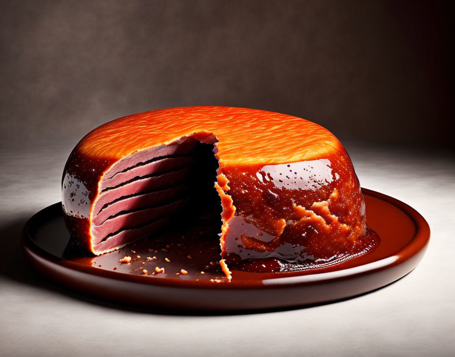 Amber caramel flan with cut-out section on dark plate