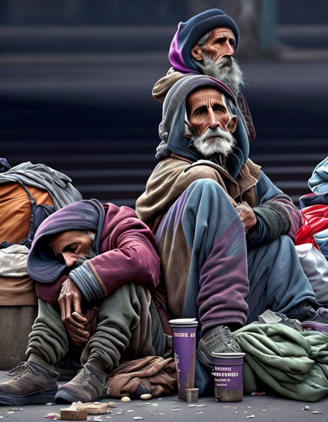 Three Men Sitting on Street with Cups, Cold and Tired