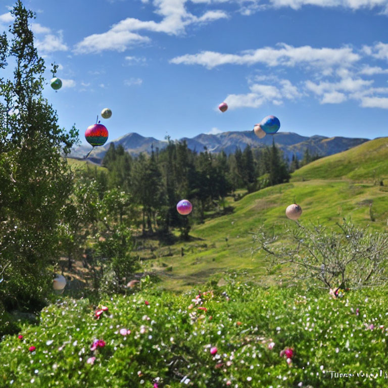 Vibrant Easter eggs in green landscape with blue sky