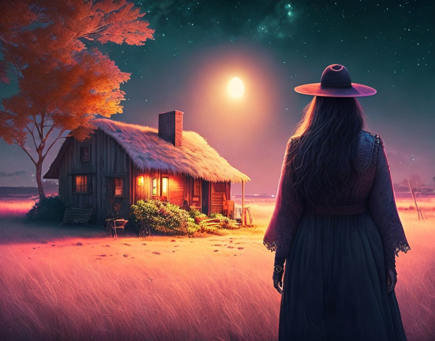 Woman in hat gazes at cabin under starlit sky with warm light.