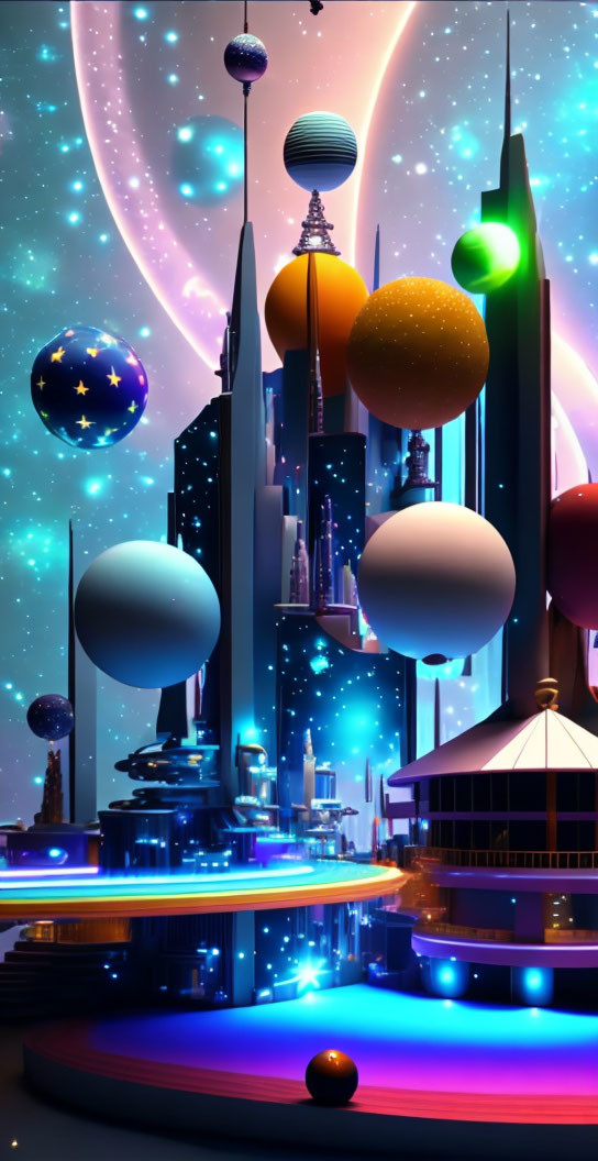 Futuristic night cityscape with skyscrapers, floating spheres, and neon lights