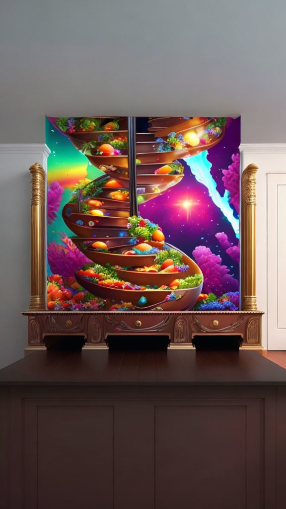 Colorful Digital Artwork: Whimsical Cosmic Kitchen Scene