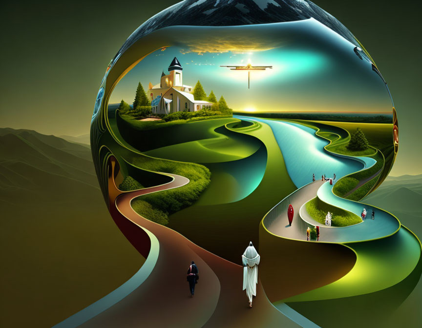 Surreal landscape with church, people, plane in transparent sphere