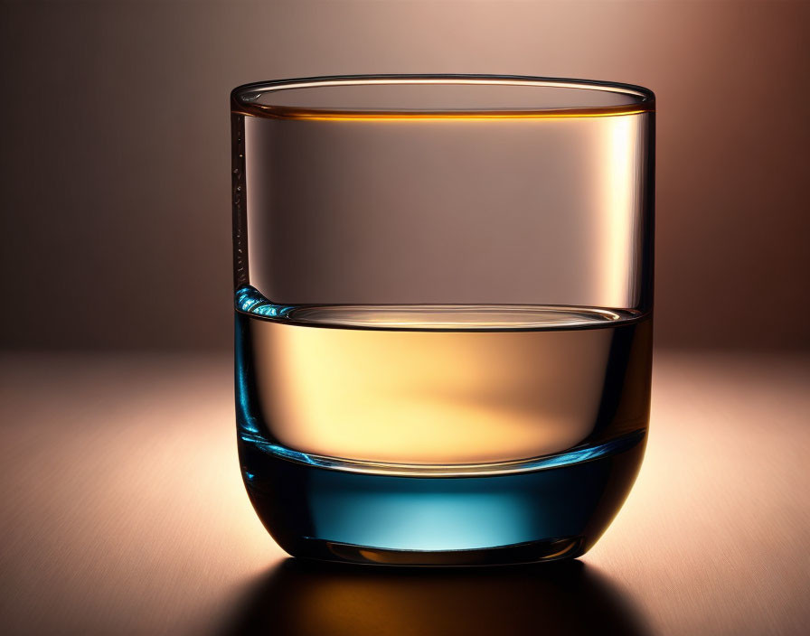 Transparent glass half-filled with liquid on gradient brown backdrop with warm glow.