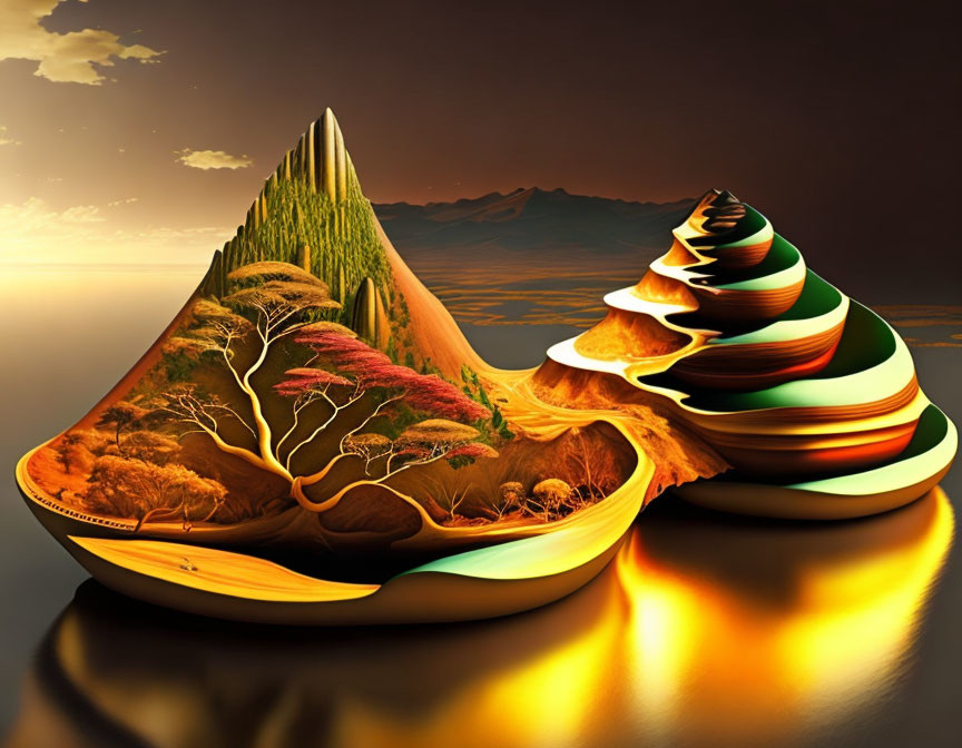 Surreal landscape with shell-like structures, green hills, trees, water reflection, golden sky