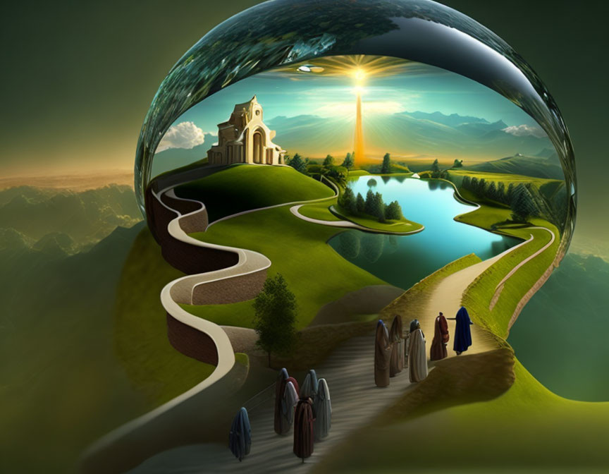 Surreal landscape with winding path to church in bubble, figures walking in greenery at sunset