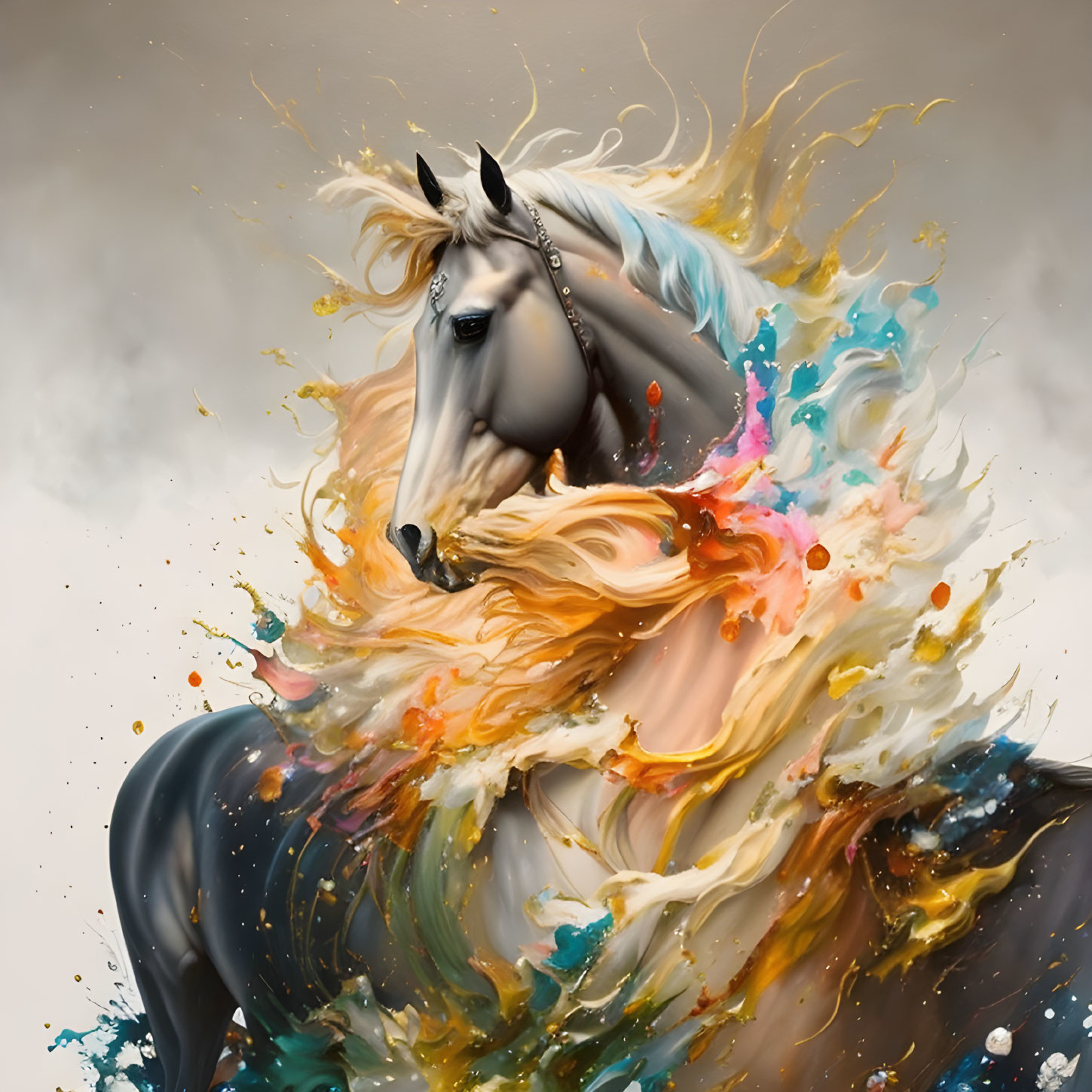 Colorful flowing mane on majestic horse against neutral background