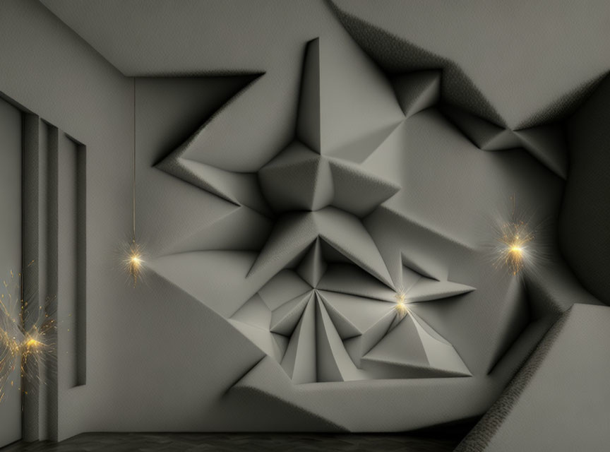 Geometric 3D Wall Pattern with Star Shapes and Ambient Lighting