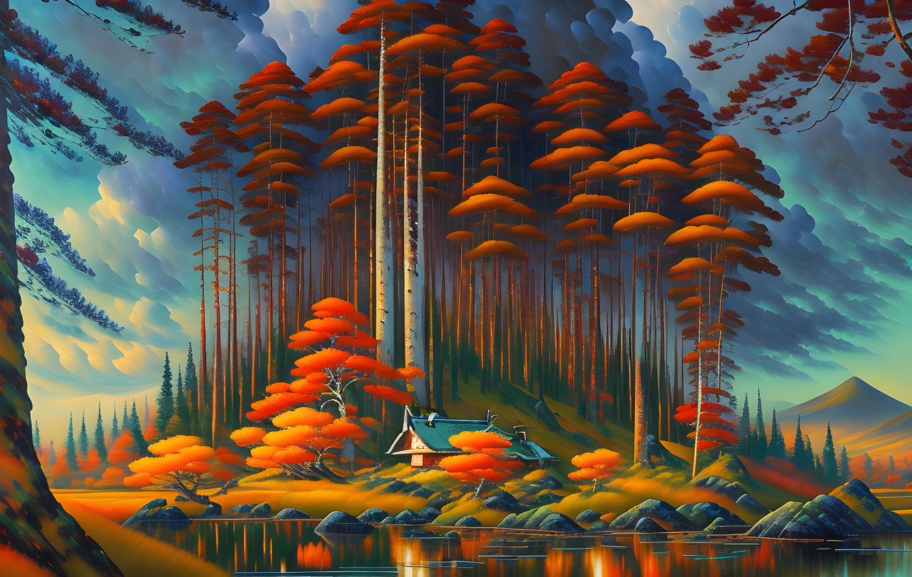 Scenic autumn landscape with tall trees, lake, rocks, and cottage