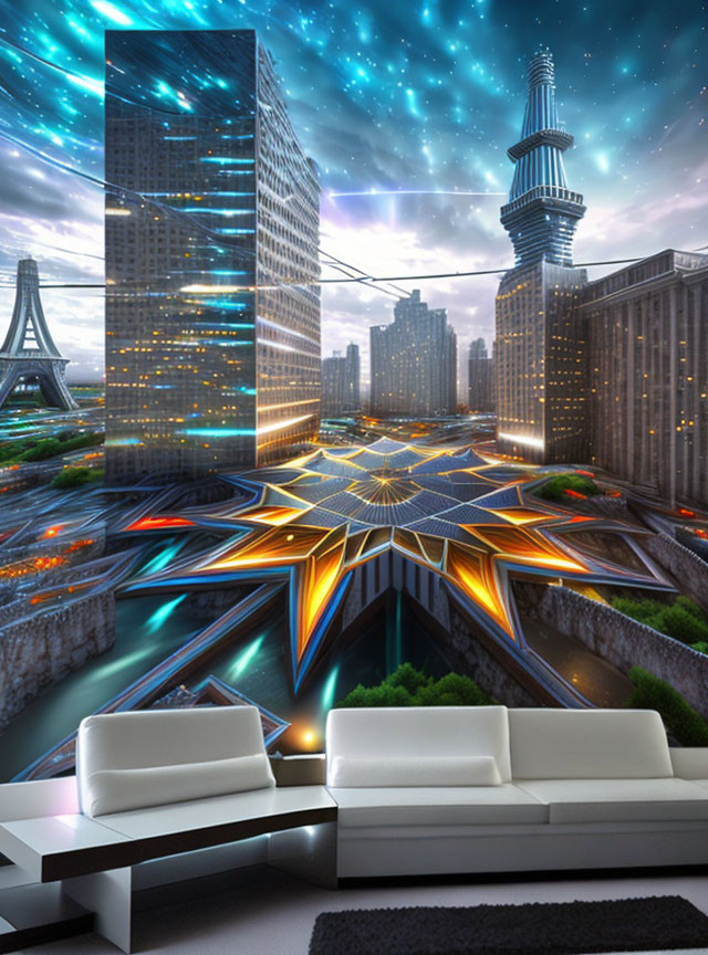 Futuristic cityscape with skyscrapers and star-shaped intersection from modern room