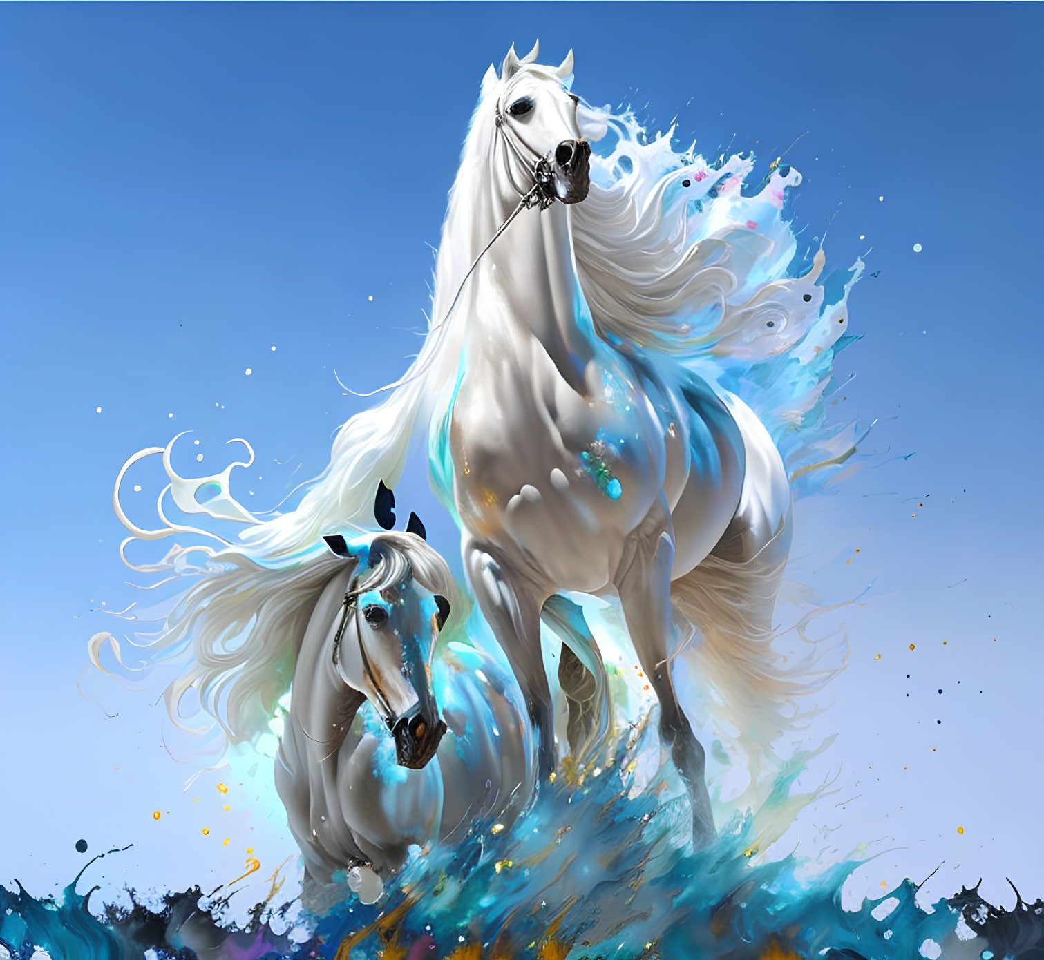 Majestic white horses with flowing manes in vibrant paint splashes