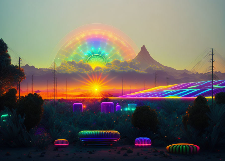 Futuristic sunset landscape with neon colors and glowing plants