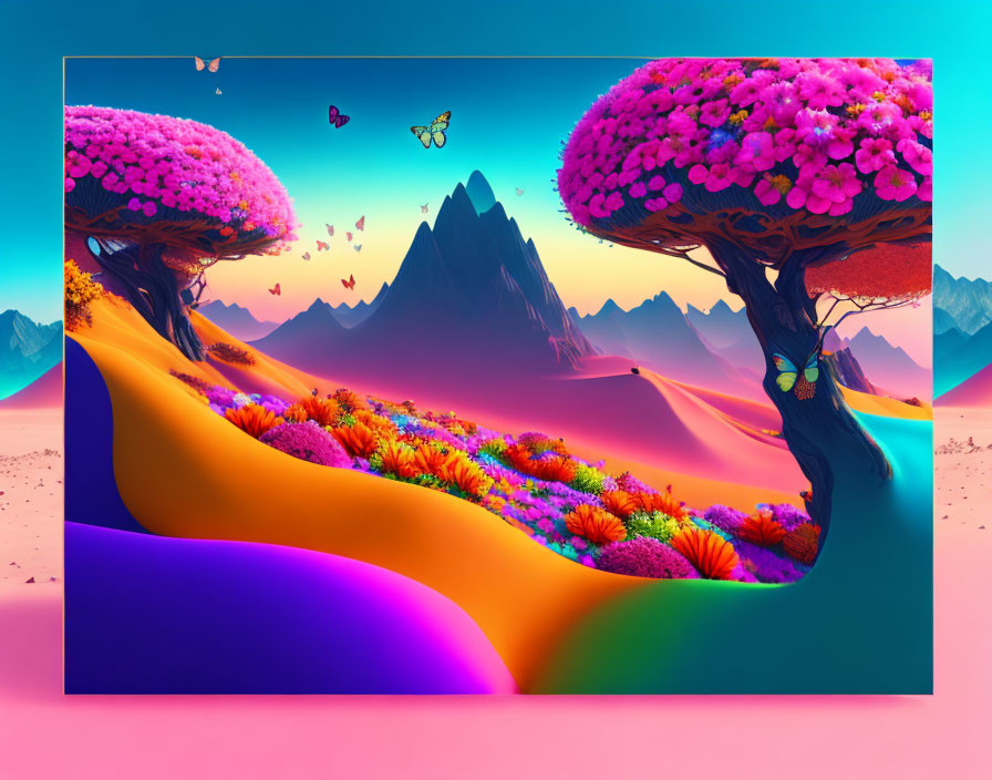 Colorful surreal landscape with hills, flowers, trees, butterflies, and sunset sky